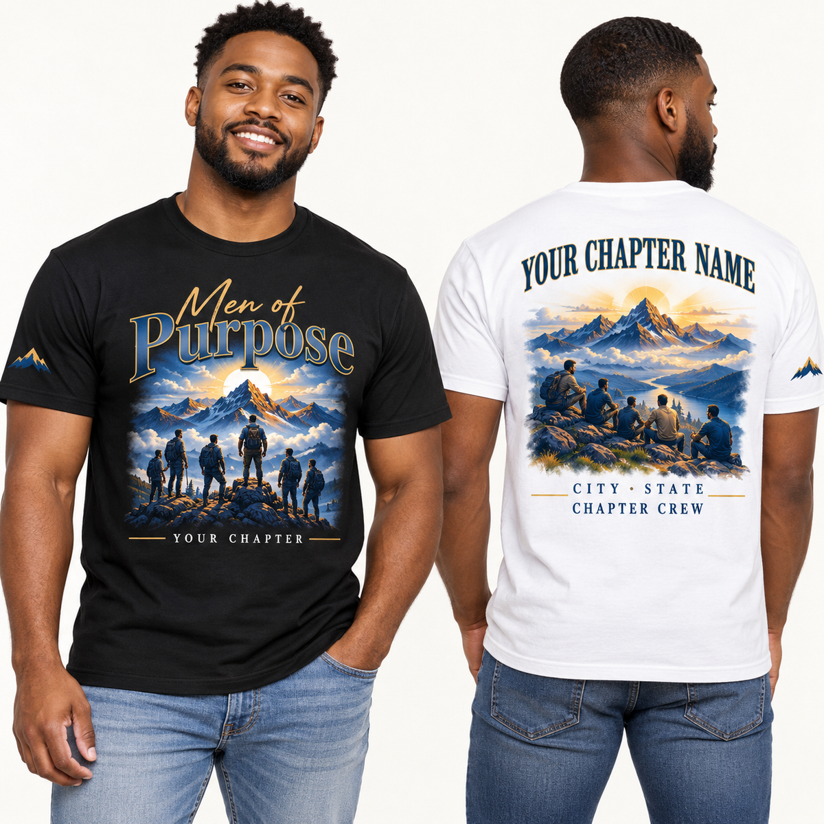 Custom Fraternity Men of Purpose chapter group shirt on models