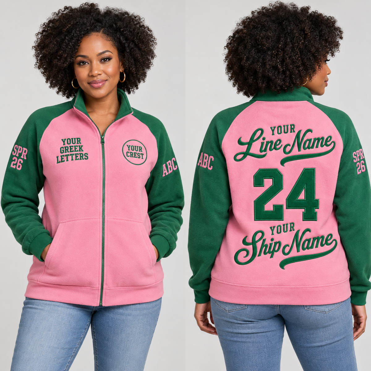 Full-Zip Sweatshirt Pink Green embroidered line name number ship name front back and sleeves on model