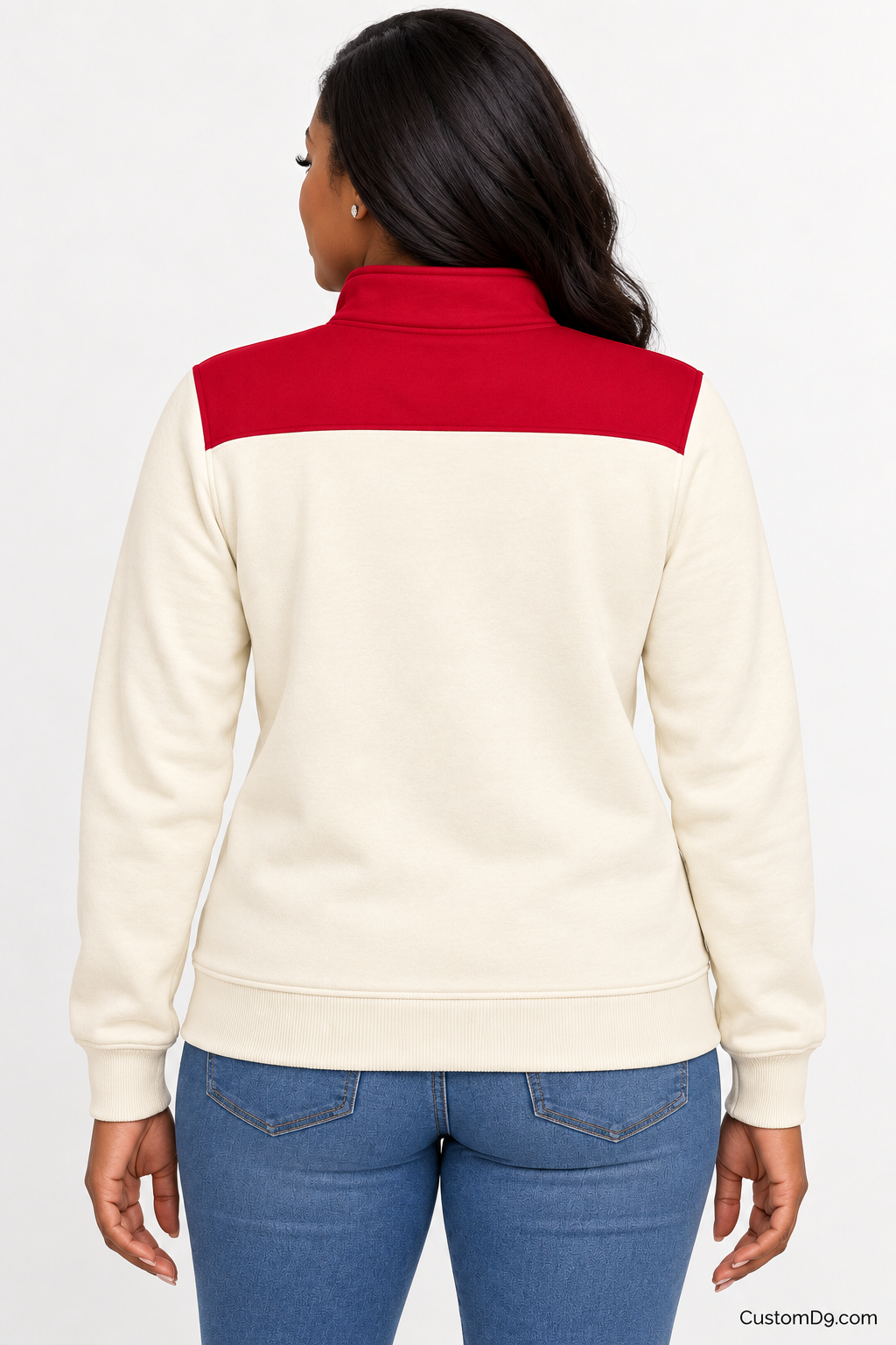 Black female model showing back of Delta Sigma Theta cream quarter-zip with crimson shoulder panel