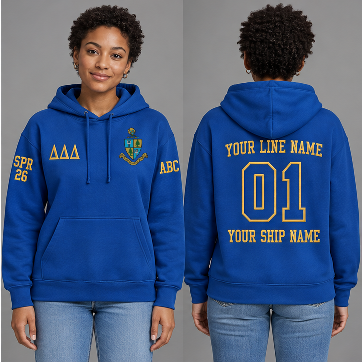 Delta Delta Delta Cerulean Blue and Gold personalized pullover hoodie on an adult model, original supplied crest and ΔΔΔ letters, sample line name, line number 01, ship name, crossing year and chapter initials.