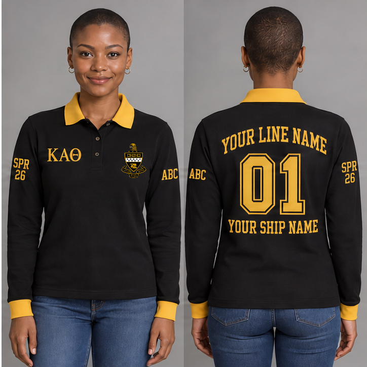 Kappa Alpha Theta Black and Gold long sleeve chapter polo on an adult model, original supplied crest and ΚΑΘ letters, sample line name, number 01, ship name, crossing year and chapter initials.