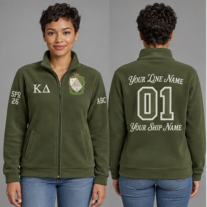 Kappa Delta Olive Green and Pearl White personalized full-zip sweatshirt on an adult model, original supplied crest and ΚΔ letters, sample line name, line number01, ship name, crossing year and chapter initials.