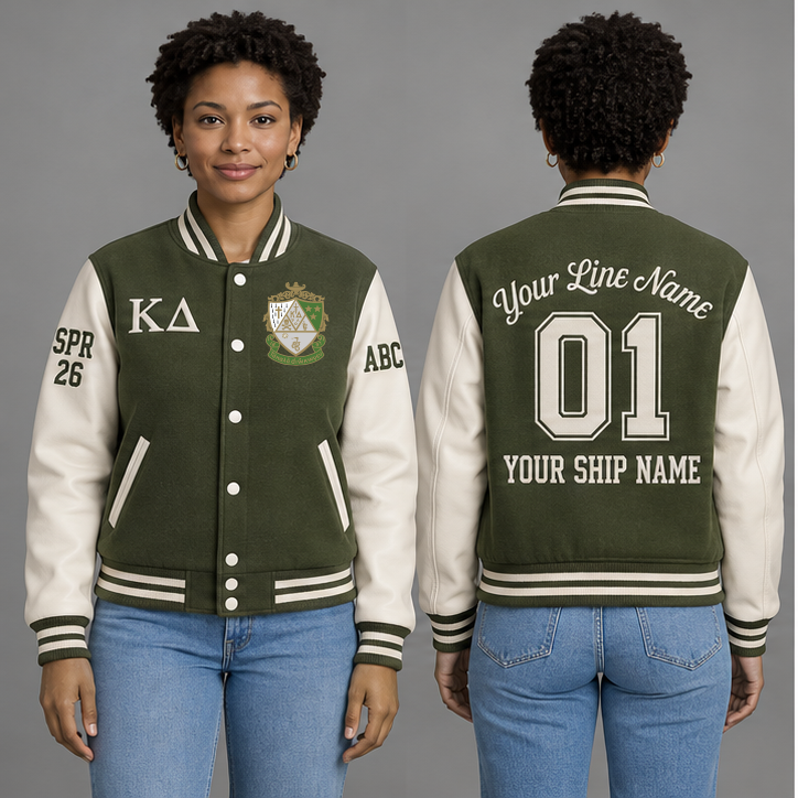 Kappa Delta Olive Green and Pearl White personalized wool varsity jacket on an adult model, original supplied crest and ΚΔ letters, sample line name, line number 01, ship name, crossing year and chapter initials.