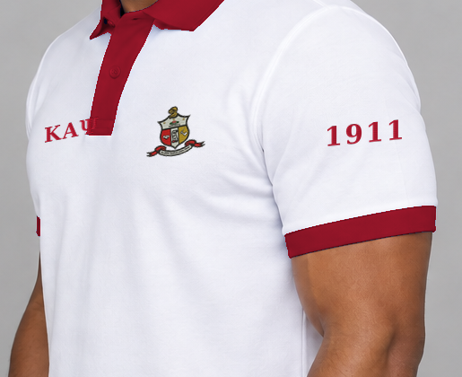 Kappa Alpha Psi premium embroidered white solid contrast trim polo on model - founding year sleeve detail