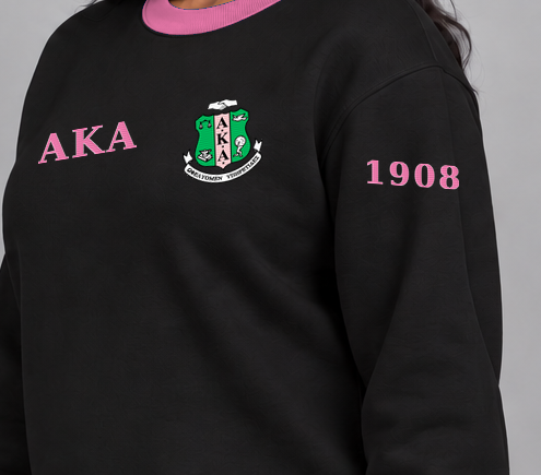 Alpha Kappa Alpha premium embroidered black solid contrast trim crewneck sweatshirt on model - founding year sleeve detail