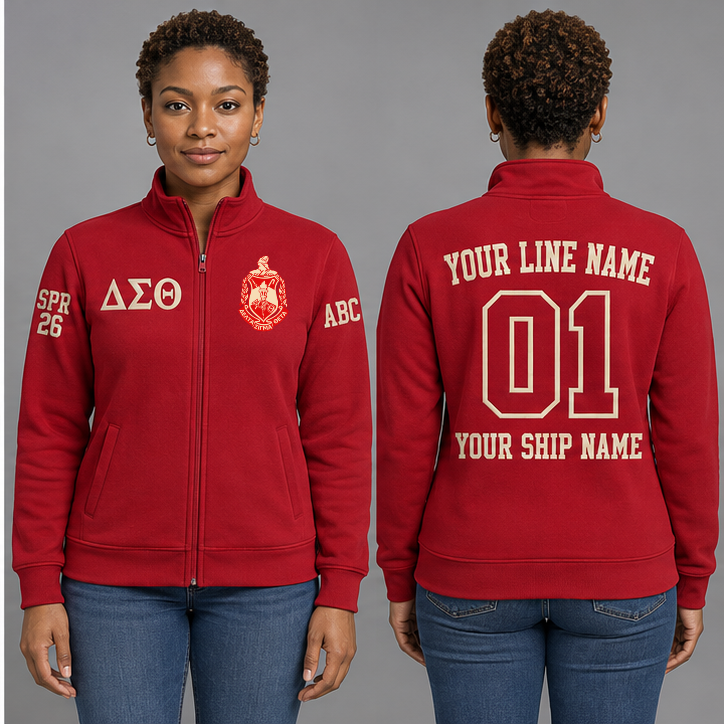 Delta Sigma Theta Crimson and Cream personalized full-zip sweatshirt on an adult model, original supplied crest and ΔΣΘ letters, sample line name, line number01, ship name, crossing year and chapter initials.