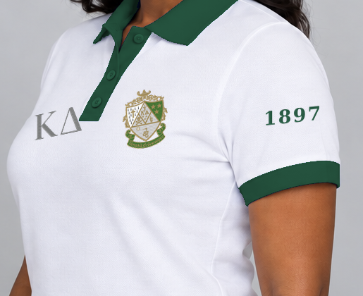 Kappa Delta premium embroidered white solid contrast trim polo on model - founding year sleeve detail