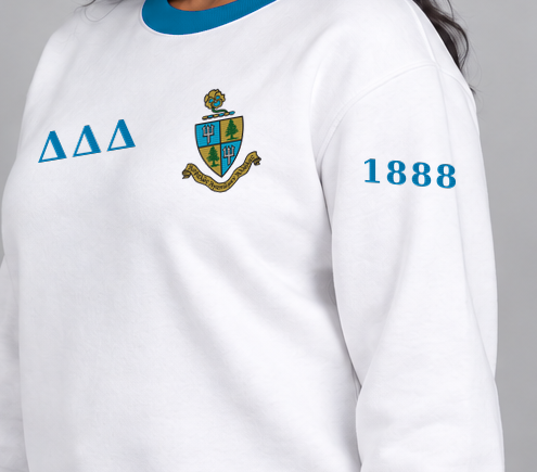 Delta Delta Delta premium embroidered white solid contrast trim crewneck sweatshirt on model - founding year sleeve detail