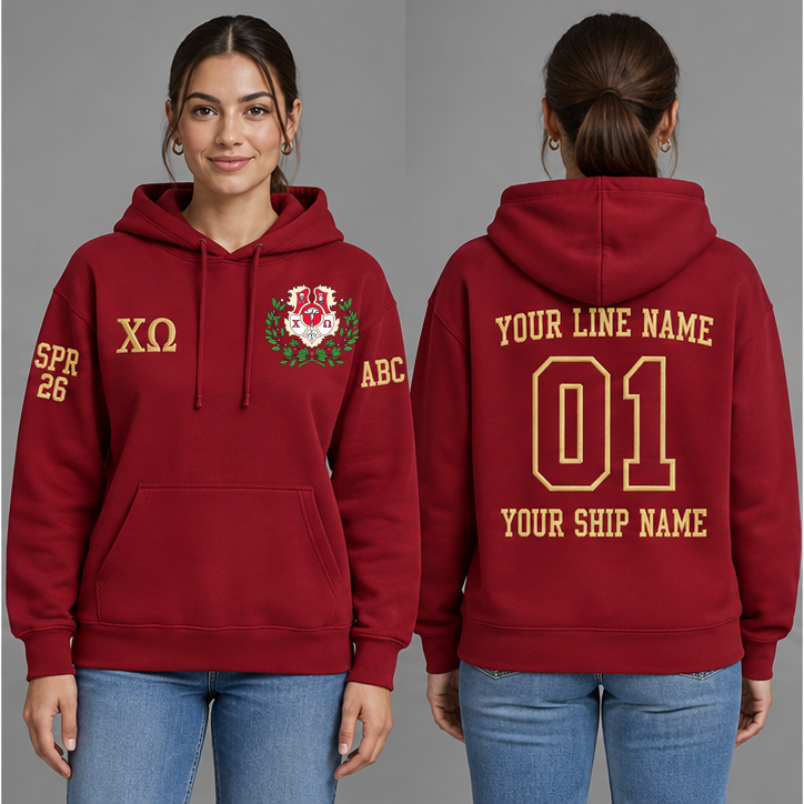 Chi Omega Cardinal and Straw personalized pullover hoodie on an adult model, original supplied crest and ΧΩ letters, sample line name, line number 01, ship name, crossing year and chapter initials.