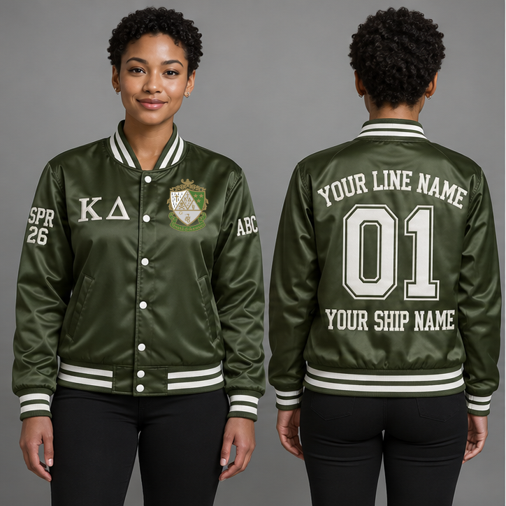 Kappa Delta Olive Green and Pearl White personalized satin line jacket on an adult model, original supplied crest and ΚΔ letters, sample line name, line number 01, ship name, crossing year and chapter initials.