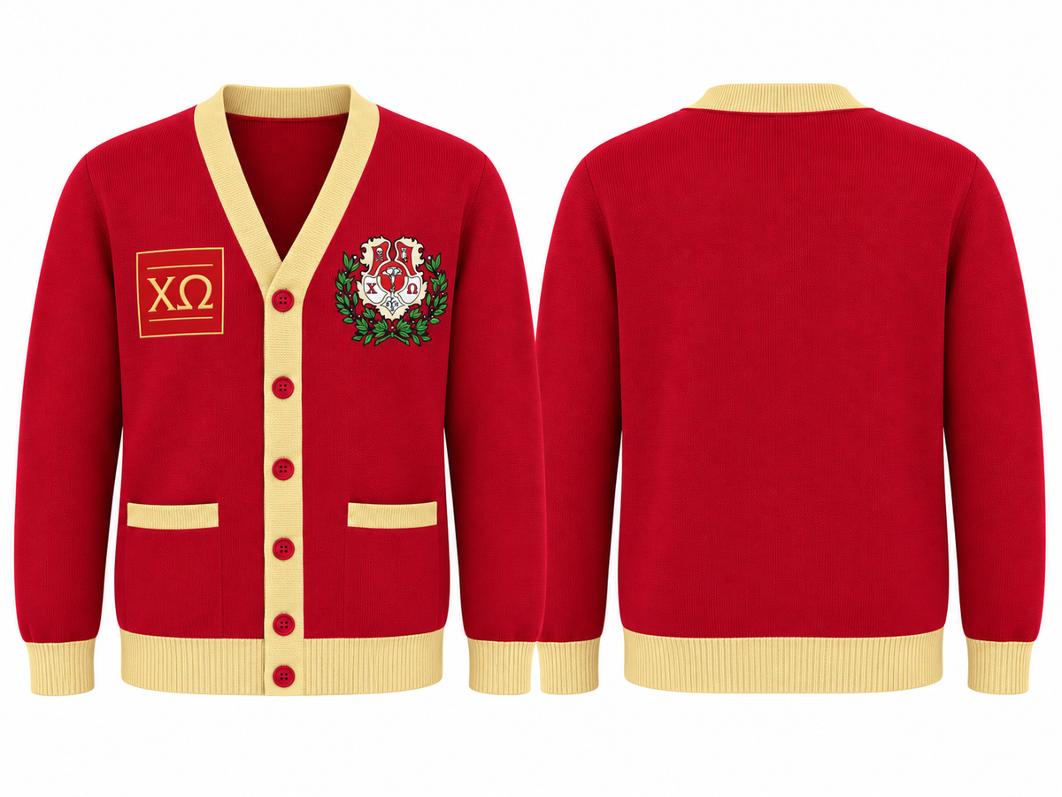 Chi Omega Custom Embroidered V-Neck Cardigan, Cardinal & Straw Contrast Trim