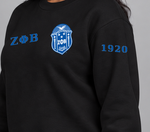 Zeta Phi Beta premium embroidered black solid crewneck sweatshirt on model - founding year sleeve detail
