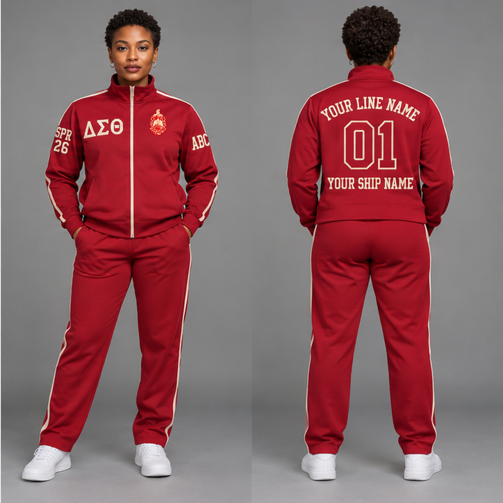 Delta Sigma Theta Crimson and Cream personalized track suit on an adult model, original supplied crest and ΔΣΘ letters, sample line name, line number 01, ship name, crossing year and chapter initials.