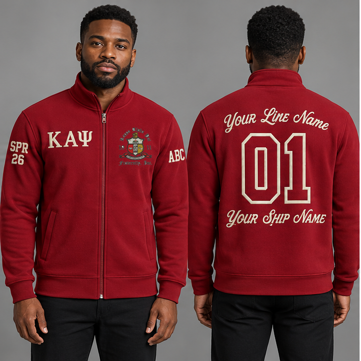 Kappa Alpha Psi Crimson and Cream personalized full-zip sweatshirt on an adult model, original supplied crest and ΚΑΨ letters, sample line name, line number01, ship name, crossing year and chapter initials.