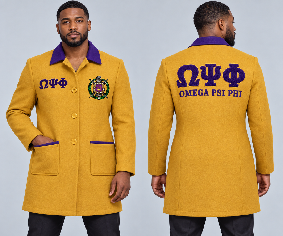 Black male model wearing Omega Psi Phi fitted premium wool blend coat in old gold and royal purple, premium chenille Greek letters and embroidered crest, front and back views.