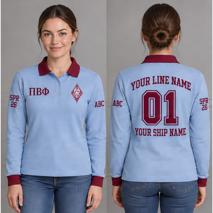 Pi Beta Phi Silvery Blue and Wine long sleeve chapter polo on an adult model, original supplied crest and ΠΒΦ letters, sample line name, number 01, ship name, crossing year and chapter initials.