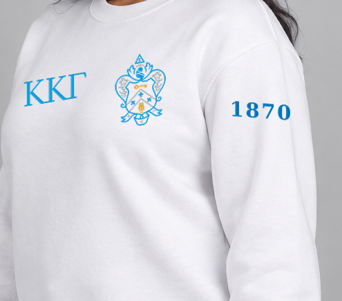Kappa Kappa Gamma premium embroidered white solid crewneck sweatshirt on model - founding year sleeve detail
