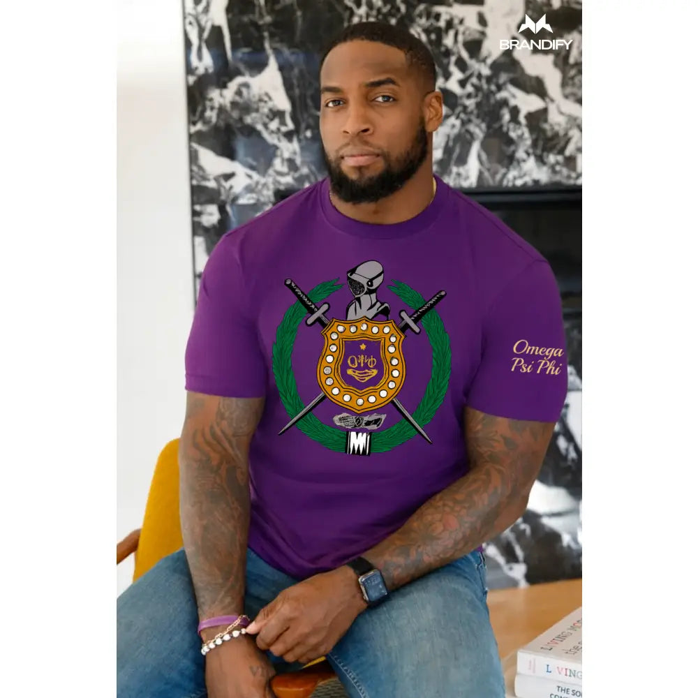 Custom Shield Greek Letter Chenille Tee front view with raised chenille Greek lettering