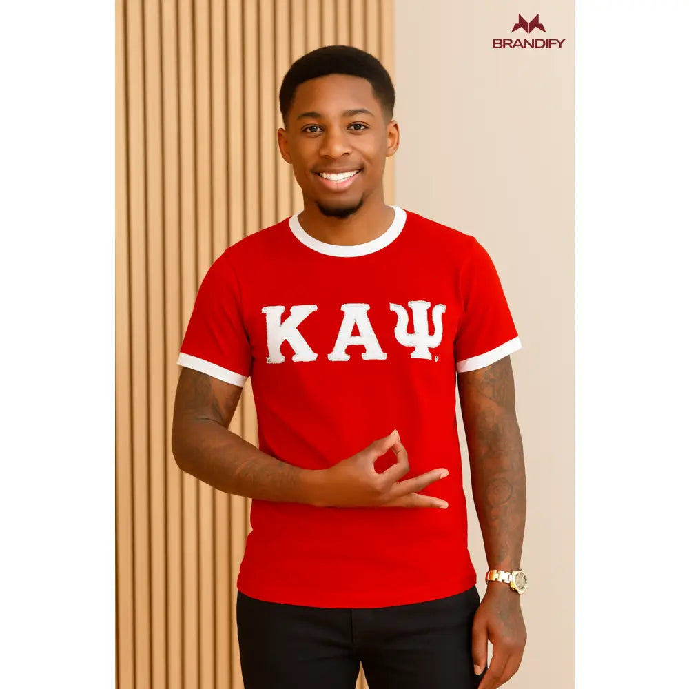 Custom White Kappa Alpha Psi Fraternity Apparel front view with personalized crimson and cream design