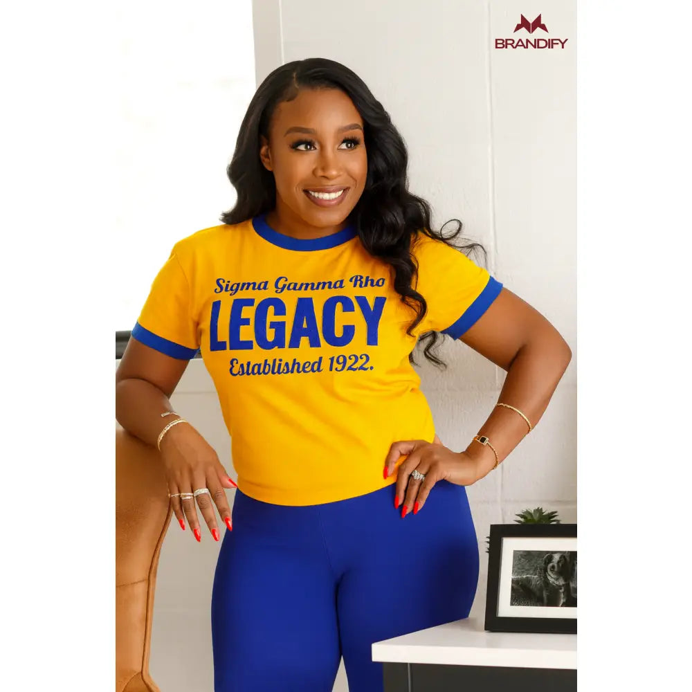 Custom Sigma Gamma Rho Chenille Tee Style 4 front view with personalized royal blue and gold design