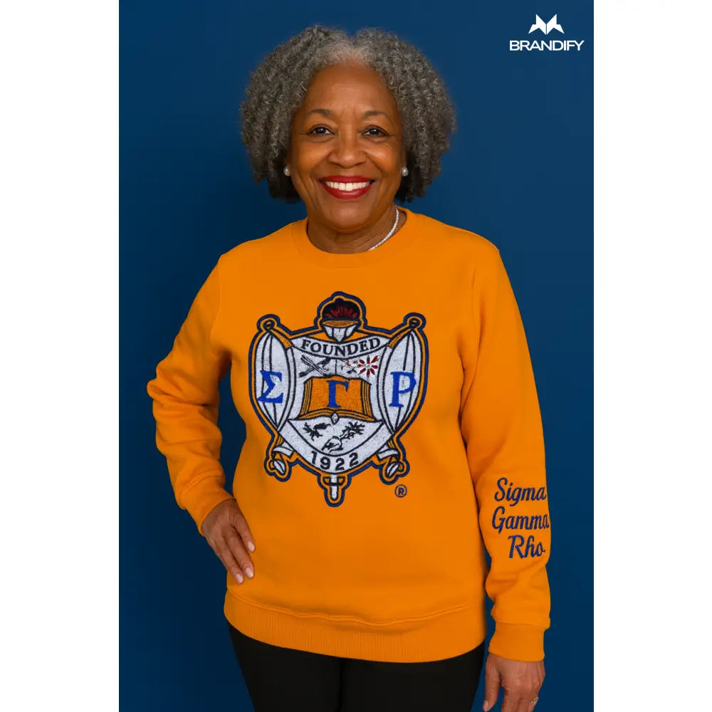 Custom Sigma Gamma Rho Chenille Sweatshirt Style 2 front view with personalized royal blue and gold design