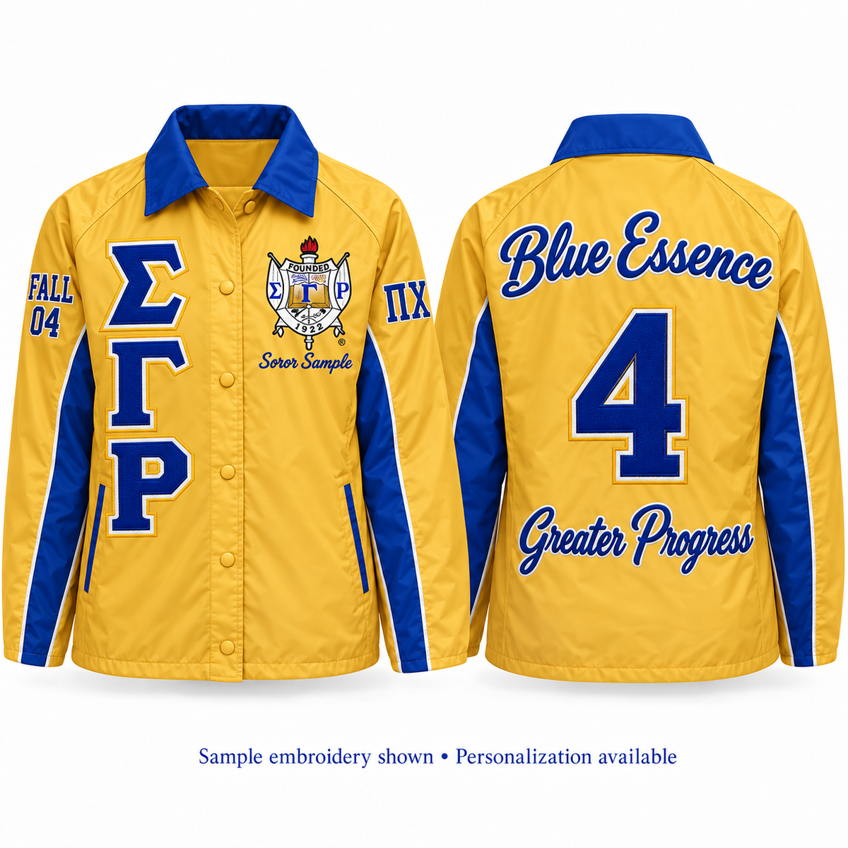 Gold and royal blue Sigma Gamma Rho line jacket shown front and back with sample personalization