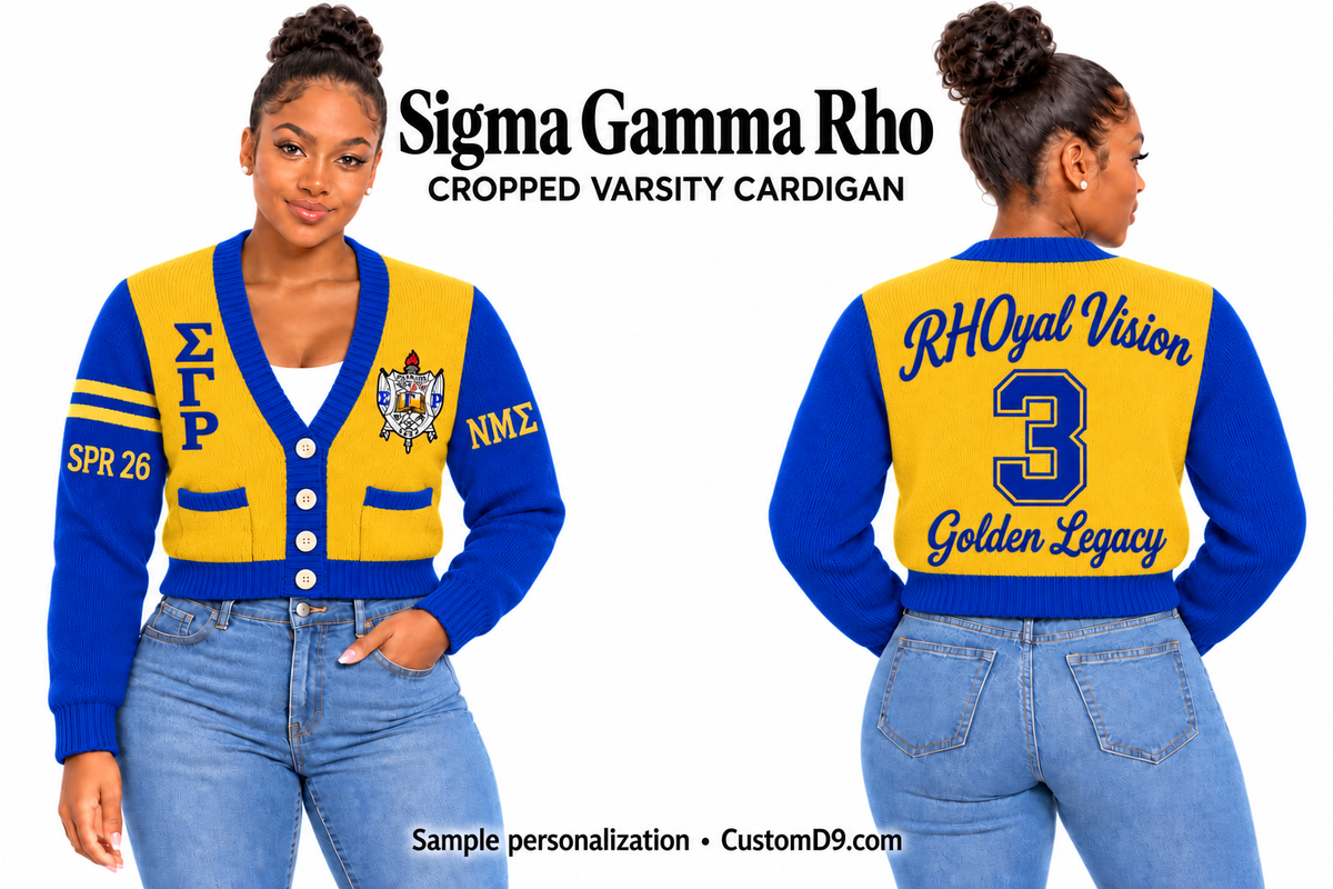 Sigma Gamma Rho gold and royal blue cropped varsity cardigan, front and back model views with sample chest, sleeve, and back embroidery