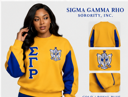 Gold and royal blue Sigma Gamma Rho heavyweight boxy crewneck shown with crest, stacked ΣΓΡ letters, blank back, and detail views