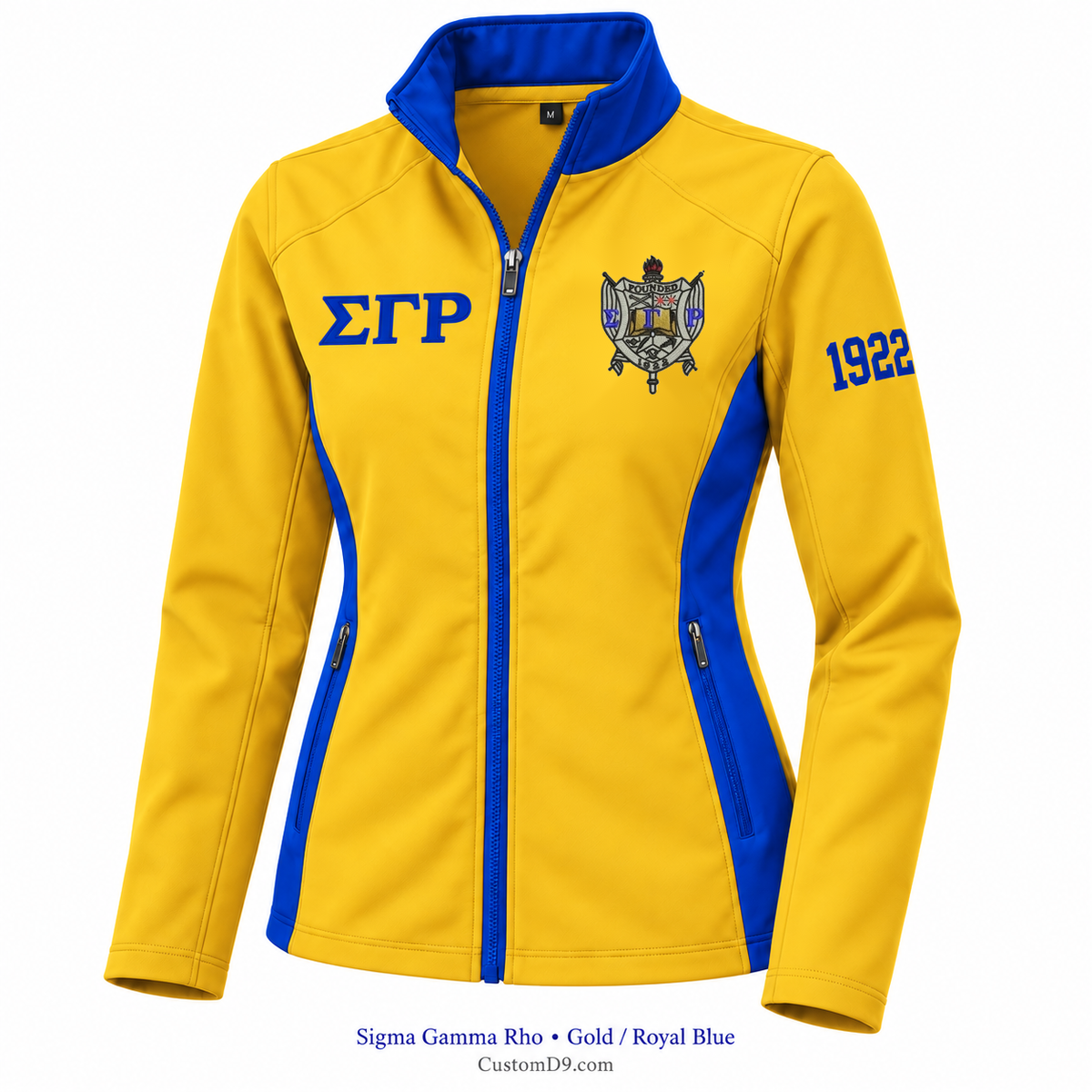 Sigma Gamma Rho gold and royal blue softshell jacket with crest, Greek letters, and 1922 sleeve embroidery