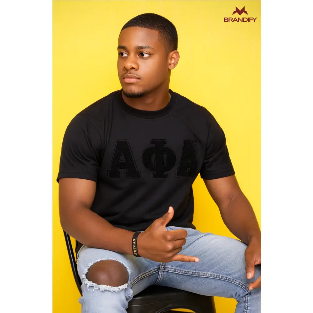 Custom Alpha Phi Alpha Chenille Tee front view with raised chenille Greek lettering