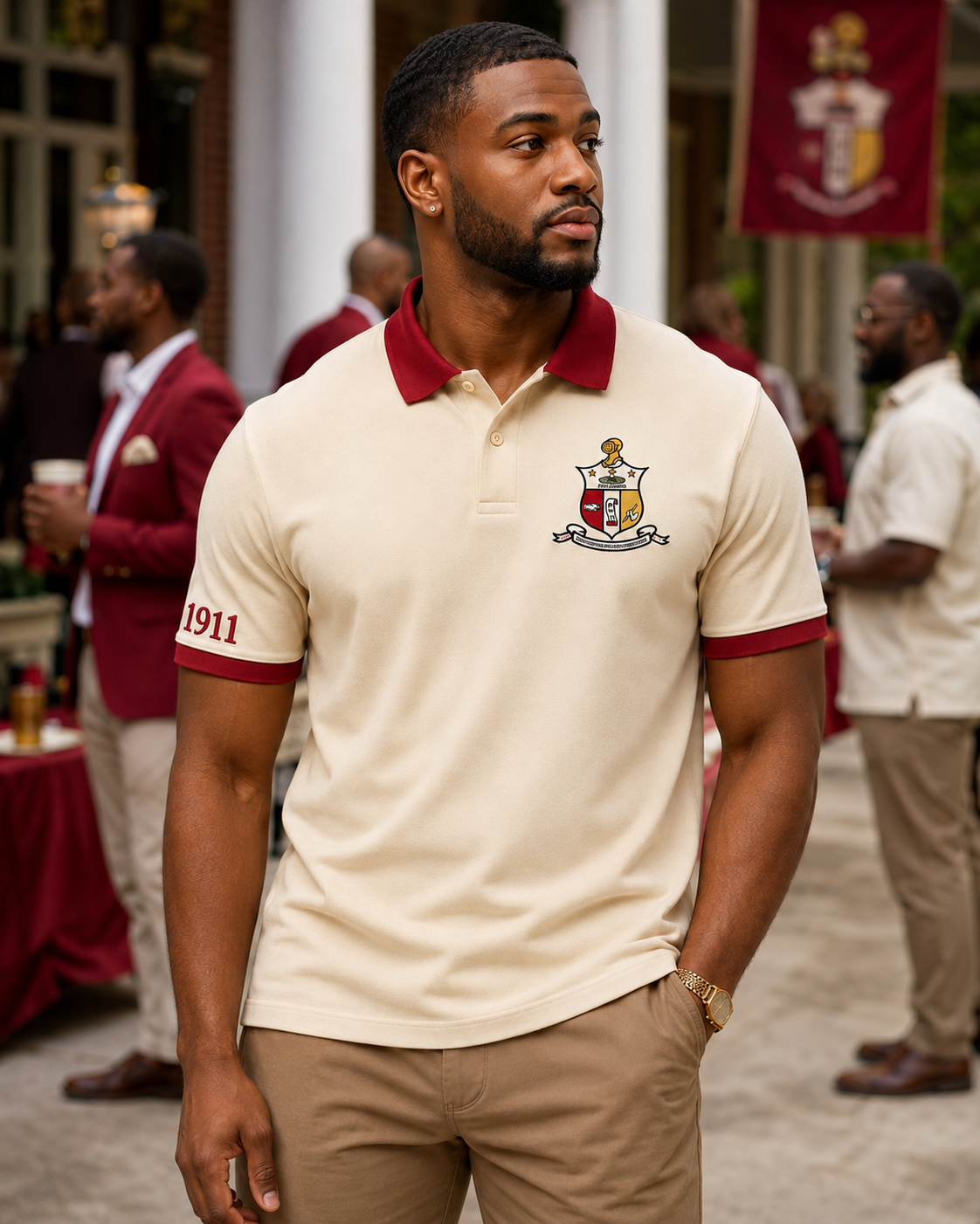 Lifestyle view of a Kappa Alpha Psi cream and crimson embroidered polo
