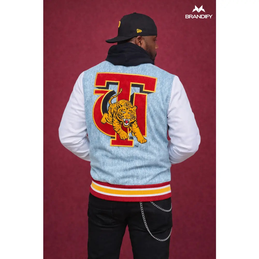 Custom Tuskegee University Denim Bomber Jacket back view with custom school name and details