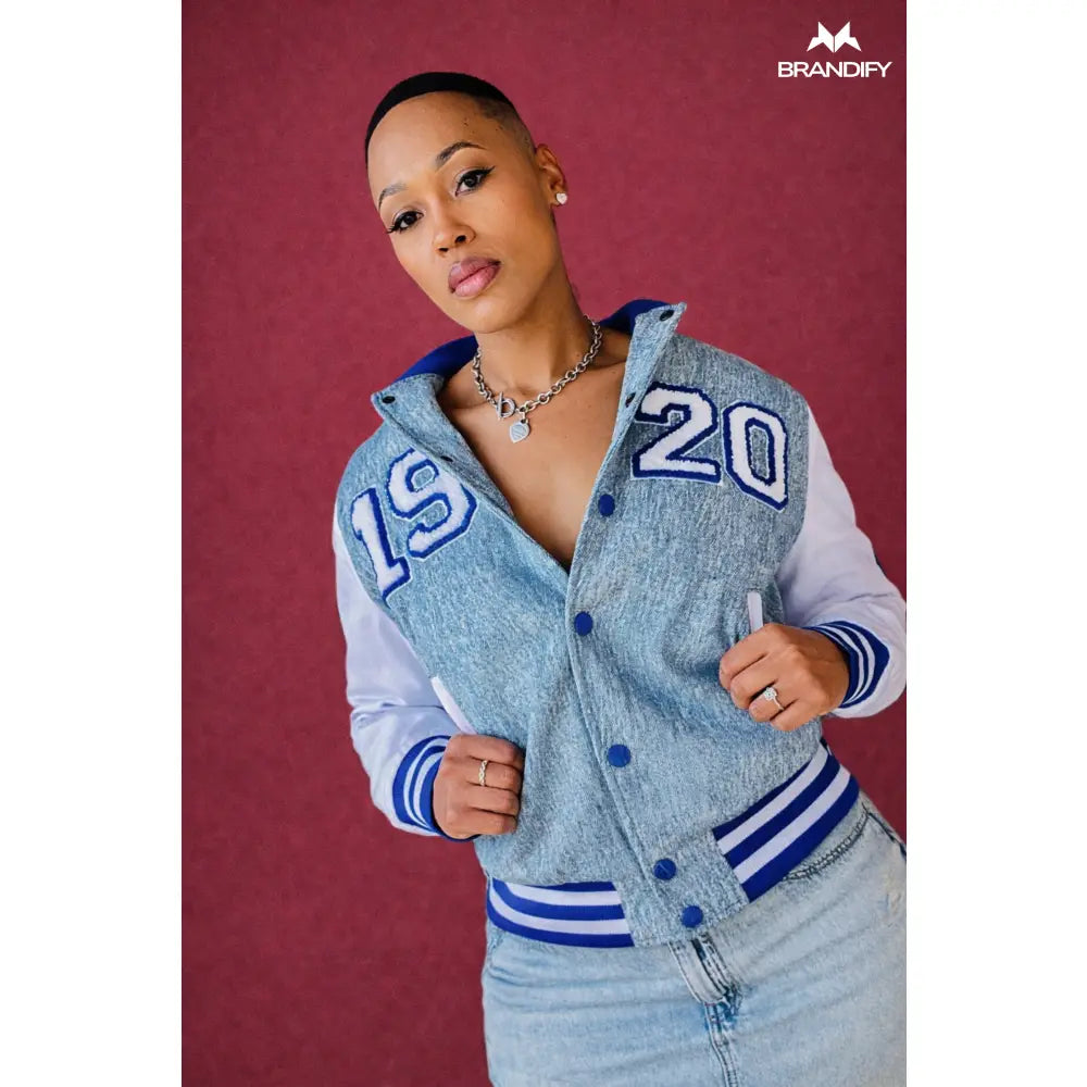 Custom Zeta Phi Beta Denim Bomber Jacket back view with custom line name and number
