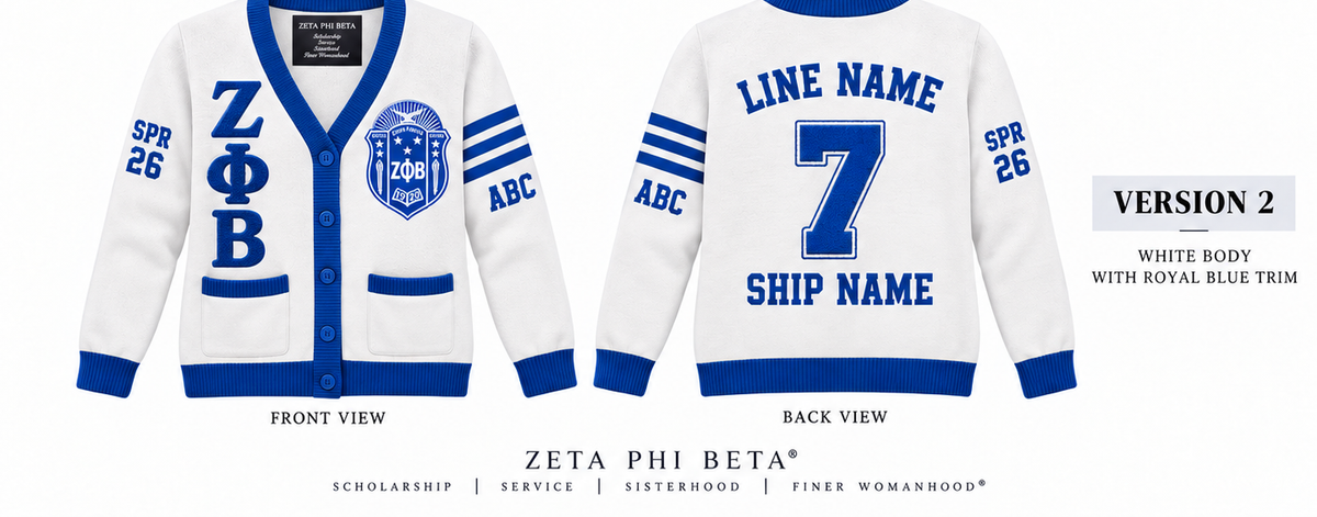 Zeta Phi Beta white and royal blue cardigan shown front and back with sample line personalization