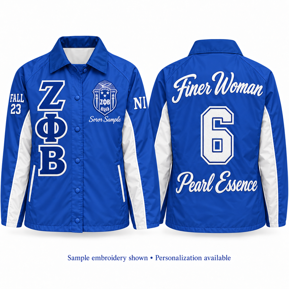 Royal blue and white Zeta Phi Beta line jacket shown front and back with sample personalization