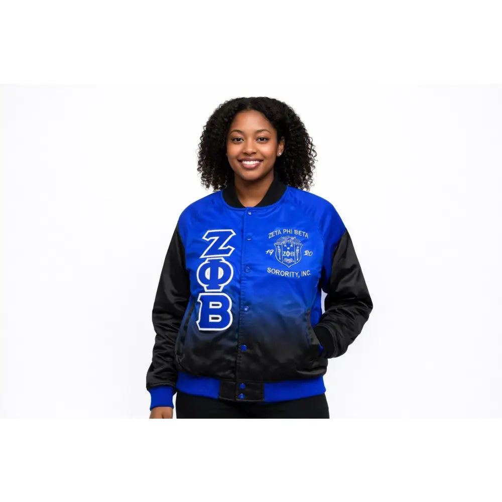 Black / Red Zeta Phi Beta Satin Line Jacket with personalized front, back, and sleeve embroidery