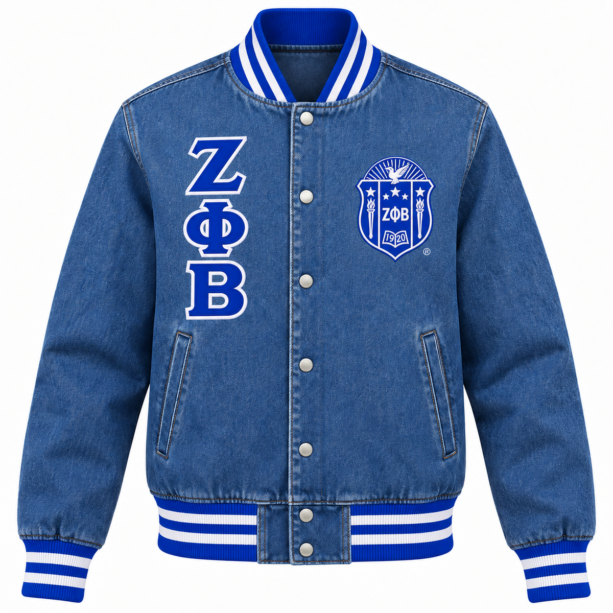 Zeta Phi Beta full denim varsity jacket with royal blue and white trim, Greek letters and crest