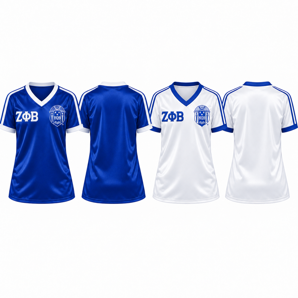 Zeta Phi Beta royal blue and white satin football jerseys in both colorways, shown from front and back