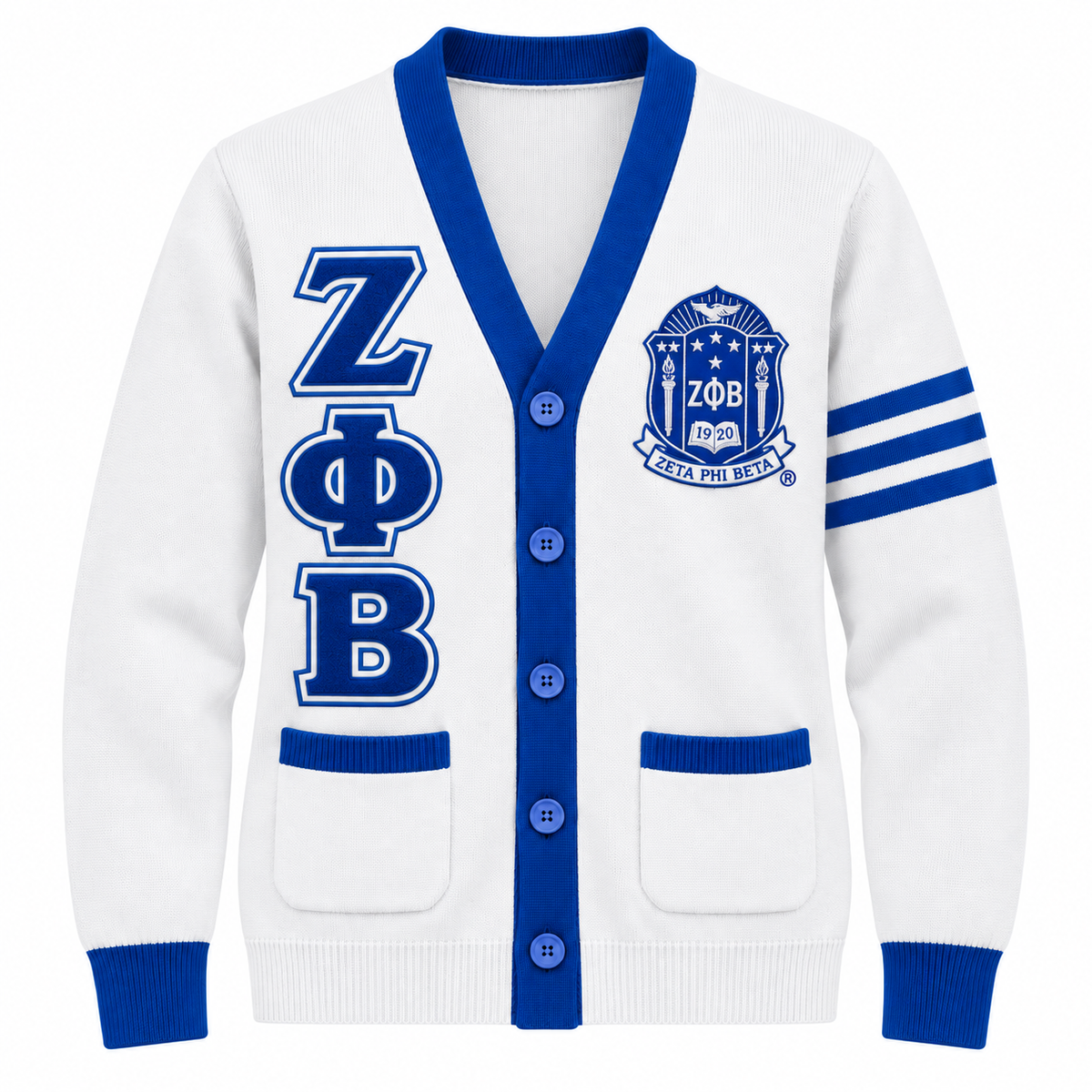 Zeta Phi Beta white cardigan with royal blue trim, stacked Greek letters and crest