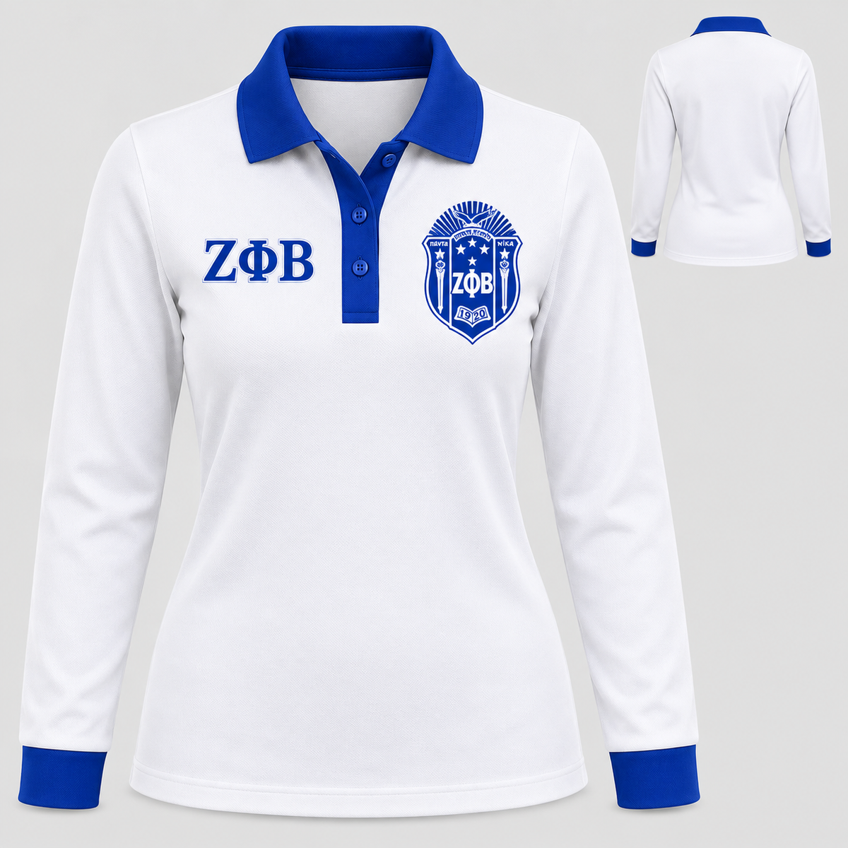 Zeta Phi Beta white long-sleeve polo with royal blue collar, placket, and cuffs, front and back views
