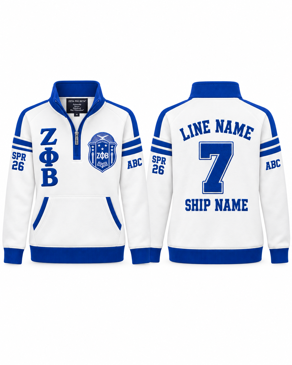 Front and back views of a Zeta Phi Beta white and royal blue custom quarter-zip