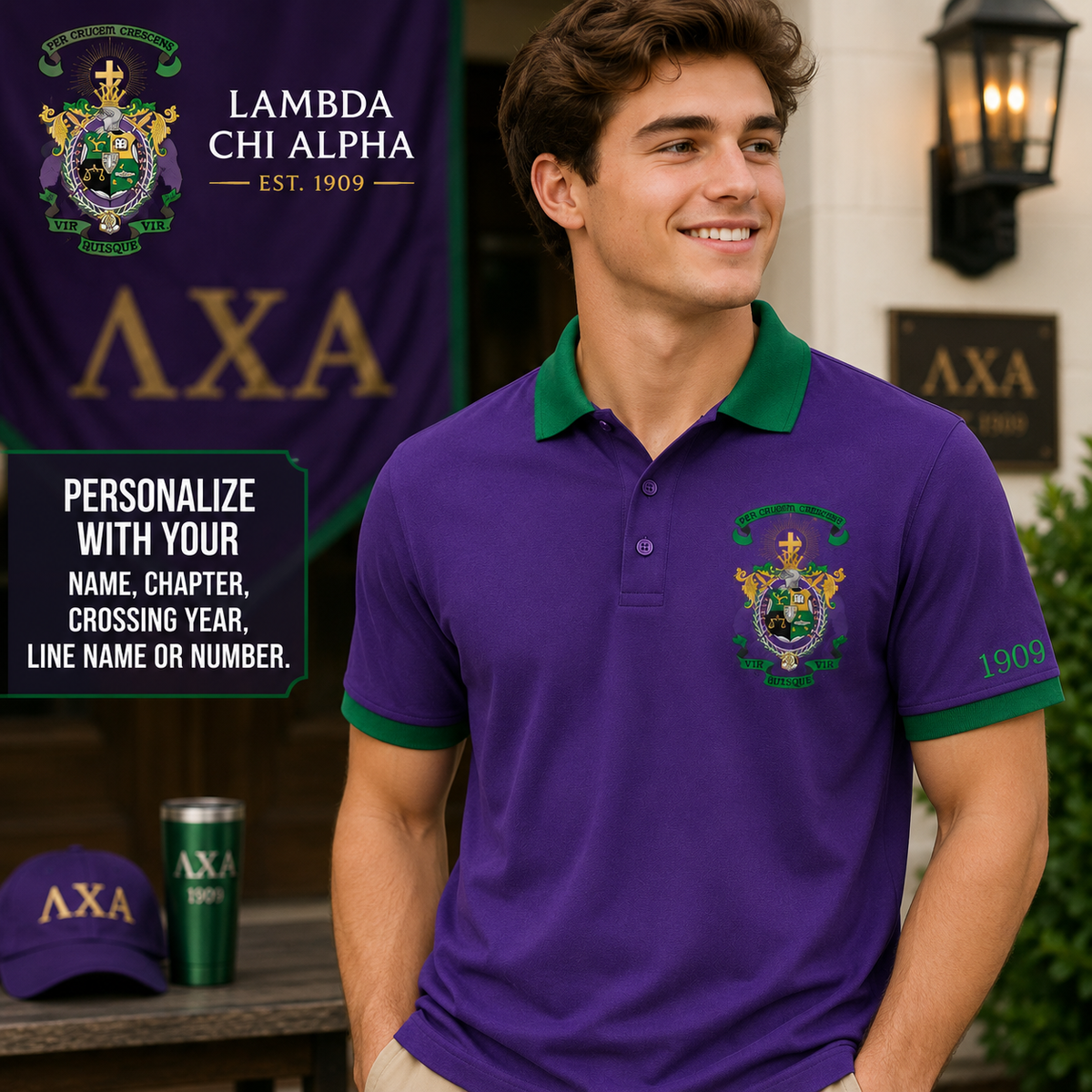 2 Tone Purple & Green Lambda Chi Alpha Embroidered Polo Shirt – Personalized Fraternity Polo - product image 1