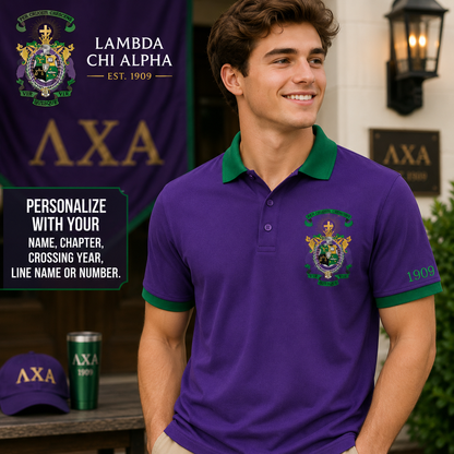 2 Tone Purple & Green Lambda Chi Alpha Embroidered Polo Shirt – Personalized Fraternity Polo - product image 1