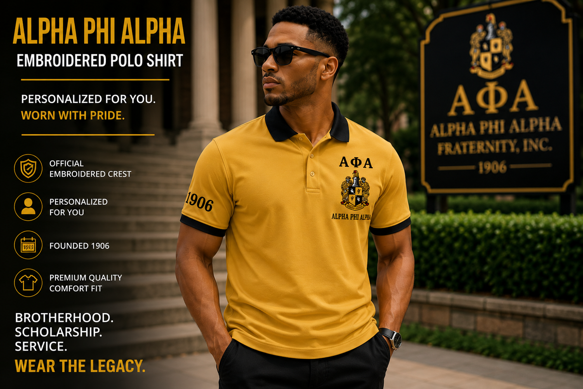 2 Tone Old Gold & Black Alpha Phi Alpha Embroidered Polo Shirt – Personalized Fraternity Polo - product image 3