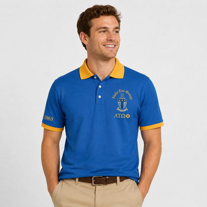 2 Tone Azure Blue & Old Gold Alpha Tau Omega Embroidered Polo Shirt – Personalized Fraternity Polo - product image 2
