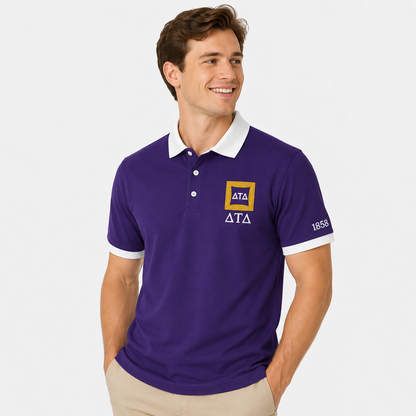 2 Tone Royal Purple & White Delta Tau Delta Embroidered Polo Shirt – Personalized Fraternity Polo - product image 1