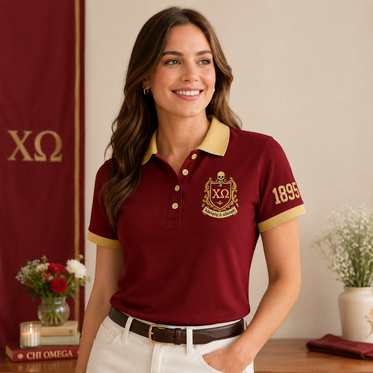 2 Tone Cardinal & Straw Chi Omega Embroidered Polo Shirt – Personalized Sorority Polo - product image 3