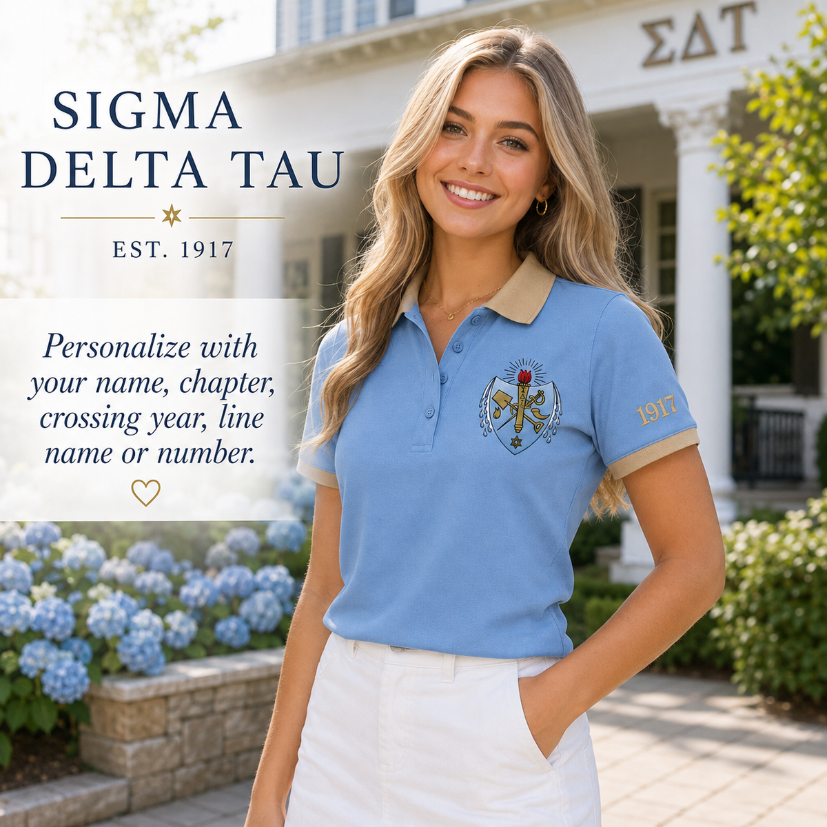 2 Tone Old Blue & Cafe au Lait Sigma Delta Tau Embroidered Polo Shirt – Personalized Sorority Polo - product image 1
