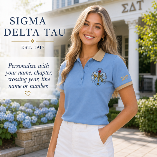 2 Tone Old Blue & Cafe au Lait Sigma Delta Tau Personalized Embroidered Polo – Personalized | Pirani9