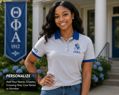 2 Tone Silver & Blue Theta Phi Alpha Embroidered Polo Shirt – Personalized Sorority Polo - product image 1